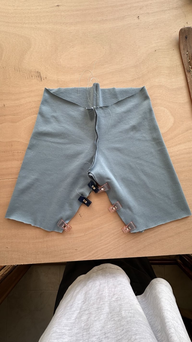 The assembled shorts from above, clipped and not yet hemmed